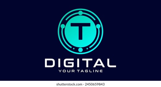 letter T technology logo. Digital font vector design for industry with circuit circles and dots, for digital, technology,data