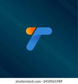 Logo de la tecnología de la letra T. Diseño vectorial digital de fuentes para la industria con color azul y punto. 