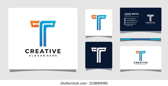 Letter T Technology Logo Template With Business Card Design Inspiration