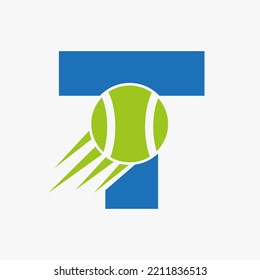 Letter T Tennis Logo Concept With Moving Tennis Ball Icon. Tennis Sports Logotype Symbol Vector Template