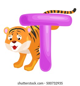 letter T with tiger animal for kids abc education in preschool.