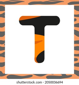 Letra T con patrón tigre. Fuente festiva y marco de naranja con alfabeto de rayas negras, símbolo para Año Nuevo y Navidad