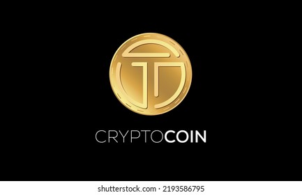 letra T Token criptodivisa moneda de color dorado en letras de color dorado, tecnología digital en línea blockchain aislado icono de letras creativas, ilustración vectorial. Uso para logotipos.