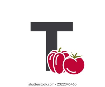 letter t with tomato and bell pepper. creative vegetable and organic food alphabet logo. harvest and agriculture design. isolated vector color image