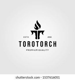 letter t torch and toro bull logo vector illustration design, vintage logo inspiration