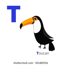 Letter T Toucan Toco Big yellow beak. Beautiful Exotic tropical bird. Baby animal collection. Cute cartoon character. Zoo alphabet. English abc, Flat design. White background. Isolated. Vector