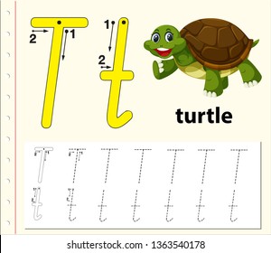 Letter T tracing alphabet worksheets illustration
