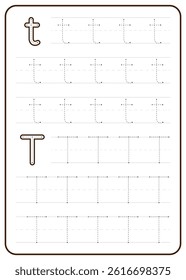 Letter T tracing. A worksheet for children's writing practice. Vector design.
