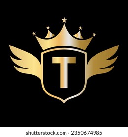 Letter T Transportation Logo With Wing, Shield And Crown Icon. Wing Logo On Shield Symbol