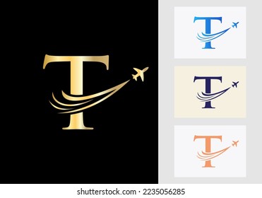 Letter T Travel Logo Concept With Flying Air Plane Symbol