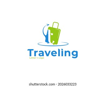 Letter t traveling logo with bag and arrow illustration. traveler logo