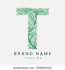 Letter T Tree Branch, Formed From Twigs Leaves Logo Design