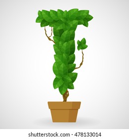 Letter T. Tree in the pot. Vector alphabet letters made from green leaves.