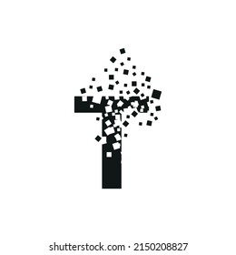 The letter T turns into a cloud of squares of different sizes.