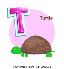 Letter T for Turtle cartoon alphabet for children. Volume symbol with pattern, reptile with green muzzle, paws and tail, brown carapace vector icon