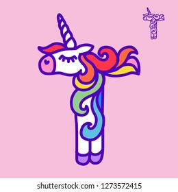 Letter "T" unicorn. Written by unicorns. Letter in the style of the unicorn. Fairytale font. Multicolored mane. Trend print on a T-shirt. Metal pin. Unicorn alphabet.