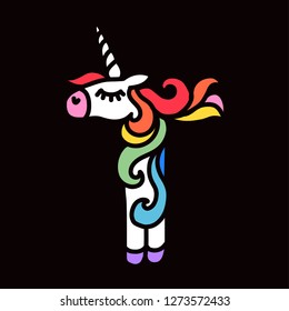 Letter "T" unicorn. Written by unicorns. Unicorn style letter. Fairytale font. Multicolored mane. Trend print on a T-shirt. Logo isolated on a black background. Metal pin. Unicorn alphabet.