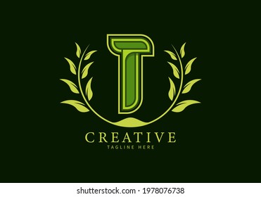 Letter T Unique Logo with leaf ornament as a frame looks more natural, modern design, suitable for templates or brands.