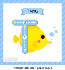 Letter T uppercase cute children colorful zoo and animals ABC alphabet tracing flashcard of Yellow Tang fish for kids learning English vocabulary and handwriting vector illustration.
