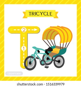 Letter T uppercase cute children colorful transportations ABC alphabet tracing flashcard of Tricycle for kids learning English vocabulary and handwriting Vector Illustration.