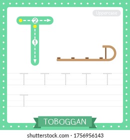 Letter T uppercase cute children colorful transportations ABC alphabet tracing practice worksheet of Toboggan for kids learning English vocabulary and handwriting Vector Illustration.