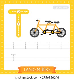 Letter T Uppercase Cute Children Colorful Transportations ABC Alphabet Tracing Practice Worksheet Of Tandem Bike For Kids Learning English Vocabulary And Handwriting Vector Illustration.