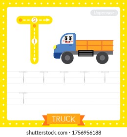 Letter T uppercase cute children colorful transportations ABC alphabet tracing practice worksheet of Truck for kids learning English vocabulary and handwriting Vector Illustration.