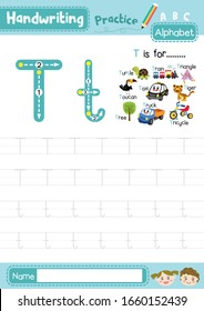 Letter T uppercase and lowercase cute children colorful ABC alphabet trace practice worksheet for kids learning English vocabulary and handwriting layout in A4 vector illustration. svg