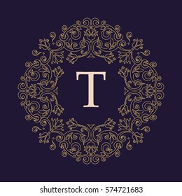 Letter T. Vector decorative line art frame for design template. Luxury round floral ornament. Elegant decor for wedding invitations, greeting cards, certificate, thank you message. Logo template.