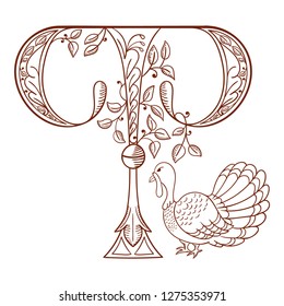 Letter T. Vector letter engraving style with flower and animal. Sketch hand drawn vintage