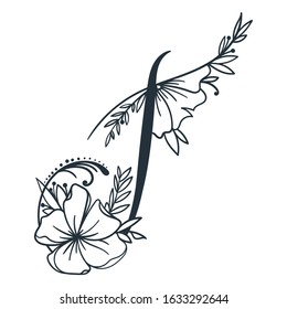 Letter T. Vector hand drawn letter with in full bloom flower. Floral letter for your designs: logo, label, stamp, print, monograms, emblems.