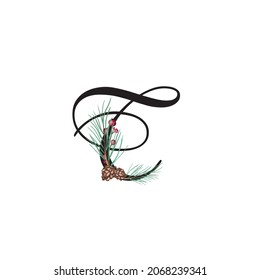 Letter T vector holiday illustration with tree branches and cones. Floral alphabet merry christmas. Monogram initials are perfect for greeting card, logo, poster. Isolated on white background 