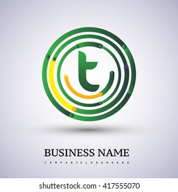 Letter T vector logo symbol in the circle thin line colored green and yellow. Design for your business or company identity.