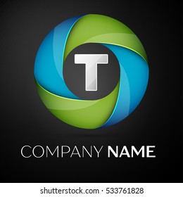 Letter T vector logo symbol in the colorful circle on black background. Vector template for your design