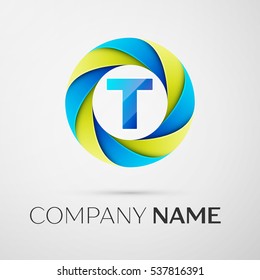 Letter T vector logo symbol in the colorful circle on grey background. Vector template for your design
