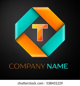 Letter T vector logo symbol in the colorful rhombus on black background. Vector template for your design