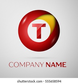 Letter T vector logo symbol in the colorful circle on grey background. Vector template for your design