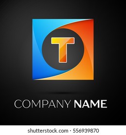 Letter T vector logo symbol in the colorful square on black background. Vector template for your design