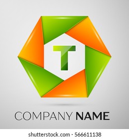 Letter T vector logo symbol in the colorful circle on grey background. Vector template for your design
