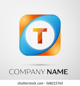 Letter T vector logo symbol in the colorful square on grey background. Vector template for your design
