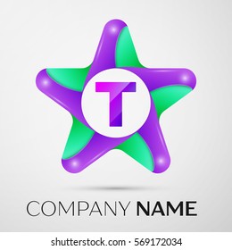 Letter T vector logo symbol in the colorful star on grey background. Vector template for your design