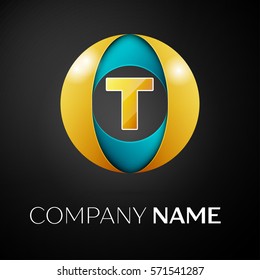 Letter T vector logo symbol in the colorful circle on black background. Vector template for your design