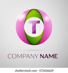 Letter T vector logo symbol in the colorful circle on grey background. Vector template for your design