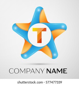 Letter T vector logo symbol in the colorful star on grey background. Vector template for your design