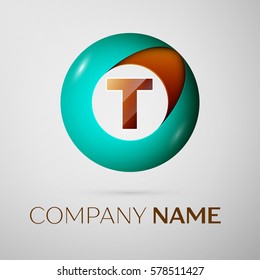 Letter T vector logo symbol in the colorful circle on grey background. Vector template for your design