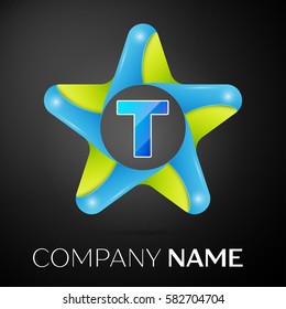 Letter T vector logo symbol in the colorful star on black background. Vector template for your design