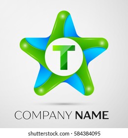 Letter T vector logo symbol in the colorful star on grey background. Vector template for your design