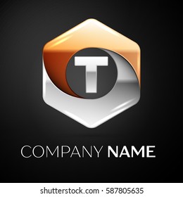 Letter T vector logo symbol in the colorful hexagonal on black background. Vector template for your design