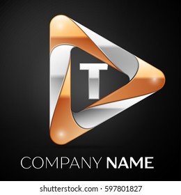 Letter T vector logo symbol in the colorful triangle on black background. Vector template for your design