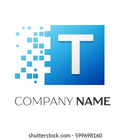 Letter T vector logo symbol in the colorful square with shattered blocks on white background. Vector template for your design